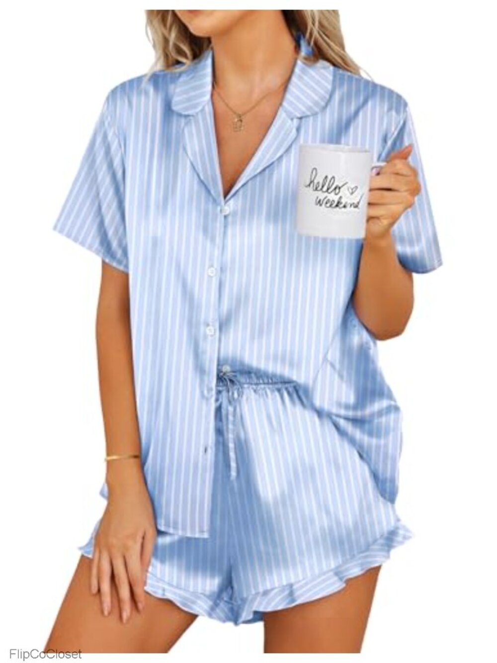 Women's Satin Pajama Set Button Down 2 Piece Silk Pjs Shorts Set Ruffle Notch